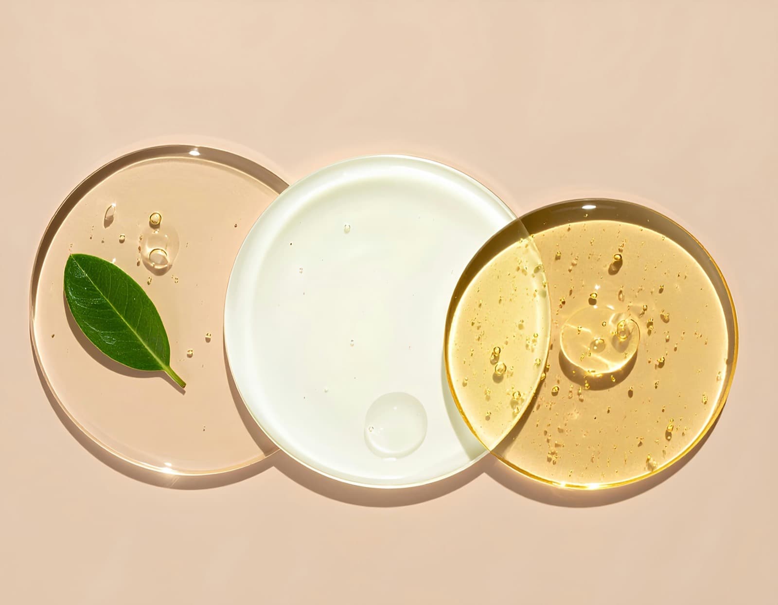 Skincare serum droplets and a leaf on a warm-toned surface