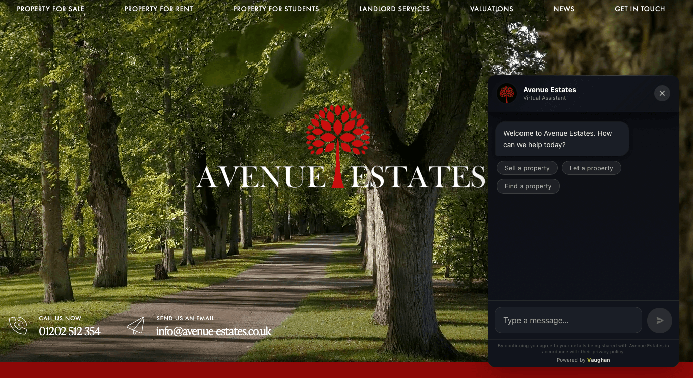 Avenue Estates' website with their live Vaughan chat assistant open, offering to sell, let or find a property